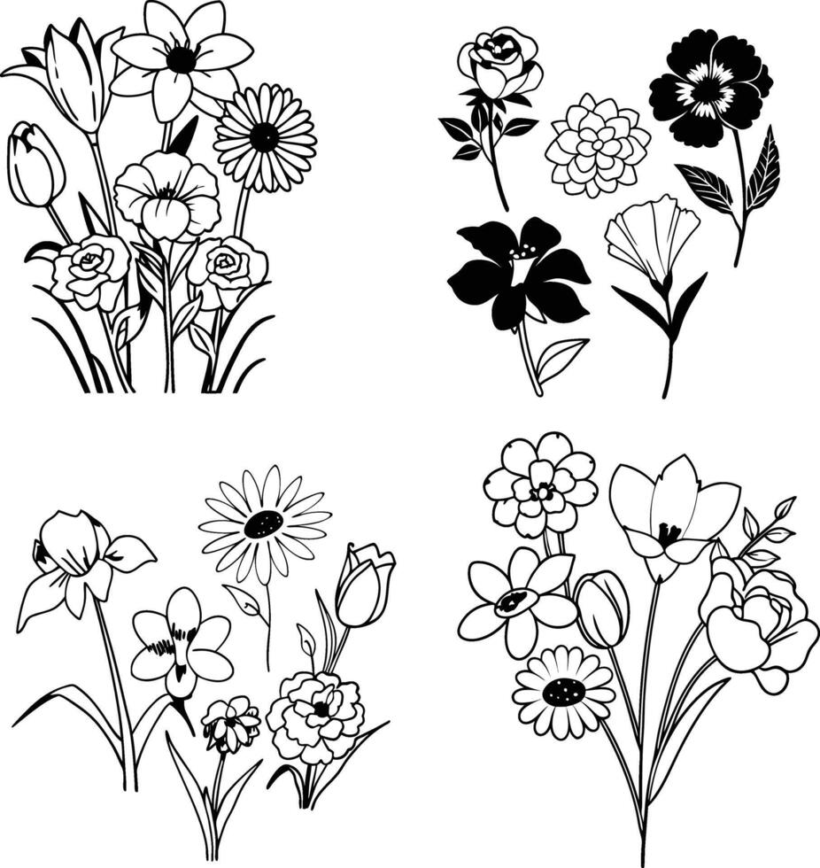 Simple Sketches of Flower Bouquets and Floral Designs vector