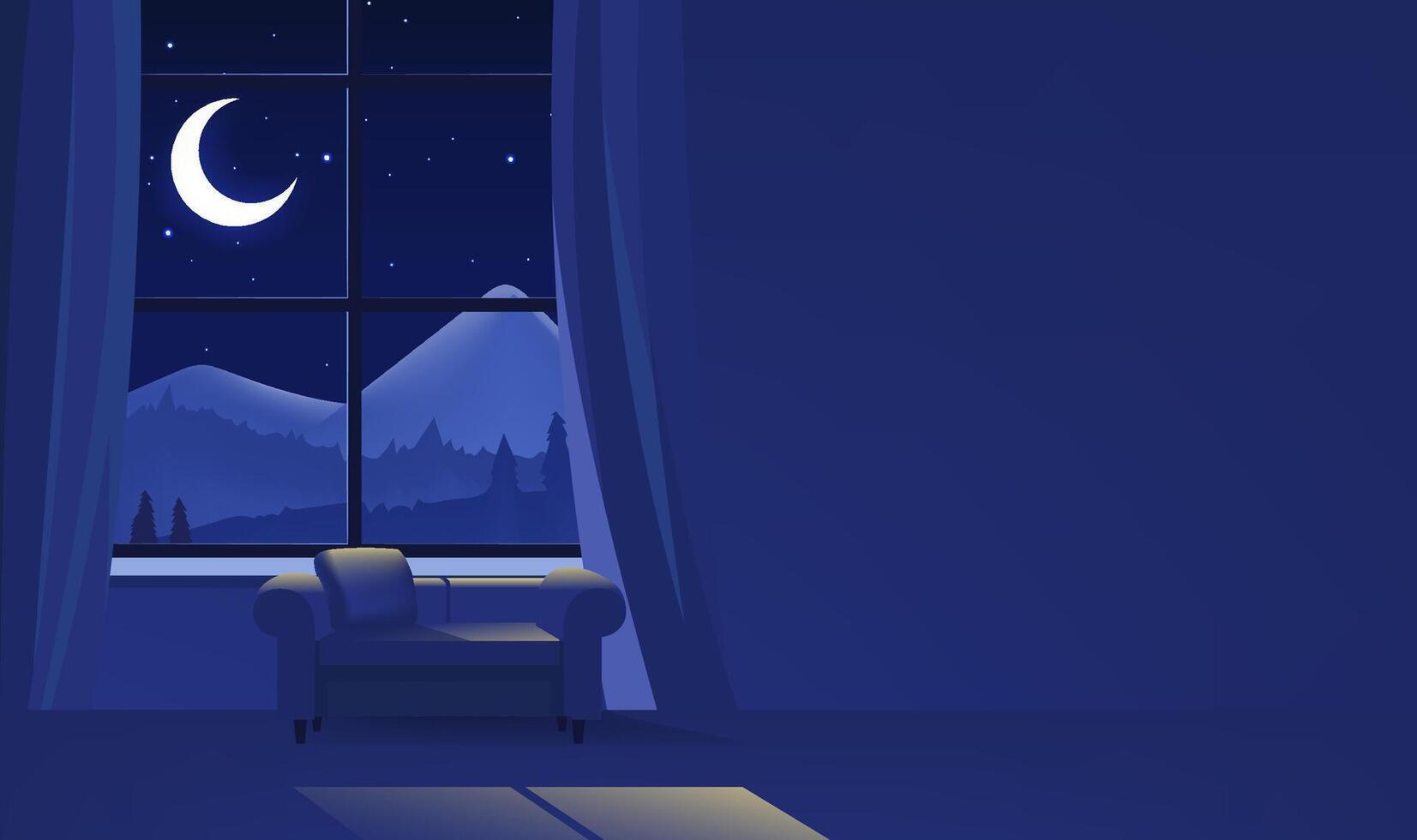 Night horizontal illustration interior scene with night scene outside window vector