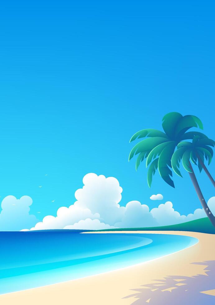 Simple style vertical landscape illustration beach coconut trees and blue sky white clouds vector
