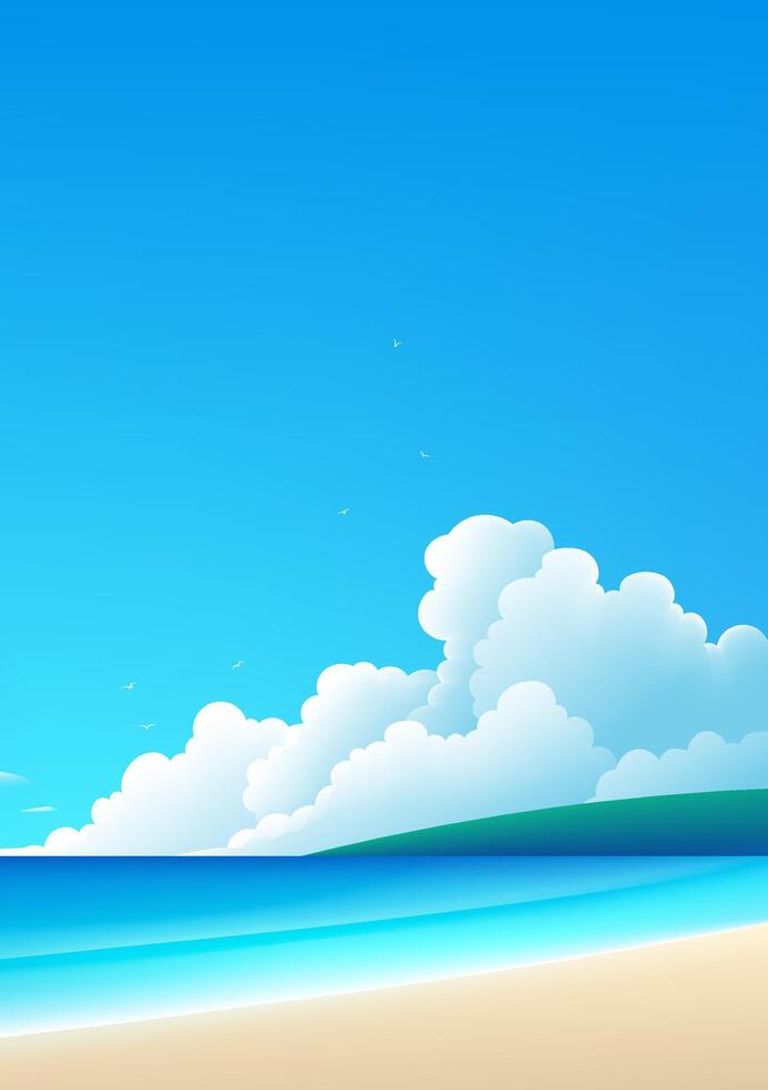 Simple style vertical plate landscape illustration beach and blue sky with white clouds vector
