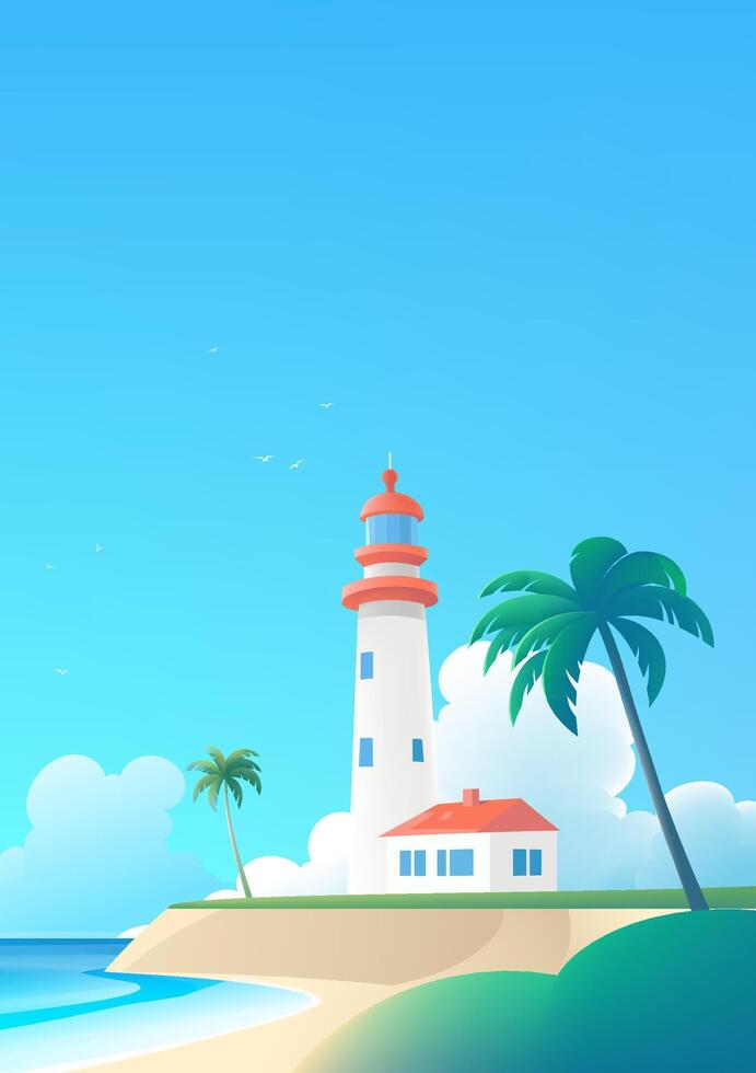 Simple style vertical landscape illustration of seaside lighthouse vector