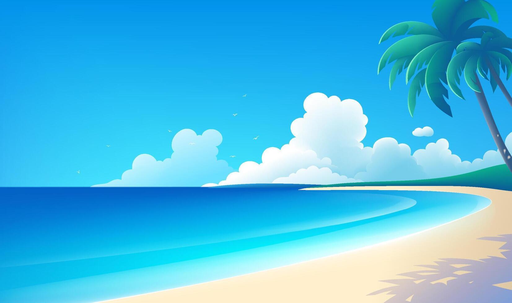 Simple style horizontal landscape illustration beach coconut trees and blue sky white clouds vector