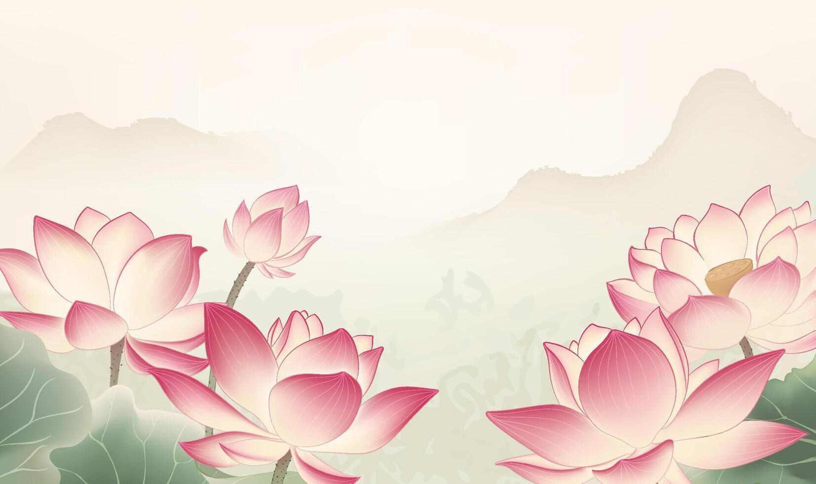 Chinese style horizontal plate illustrations of lotus and ink landscape vector