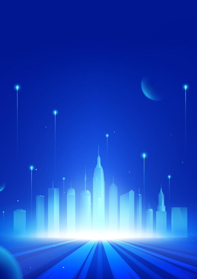 Techno vertical illustrations of planets and cities silhouetted vector