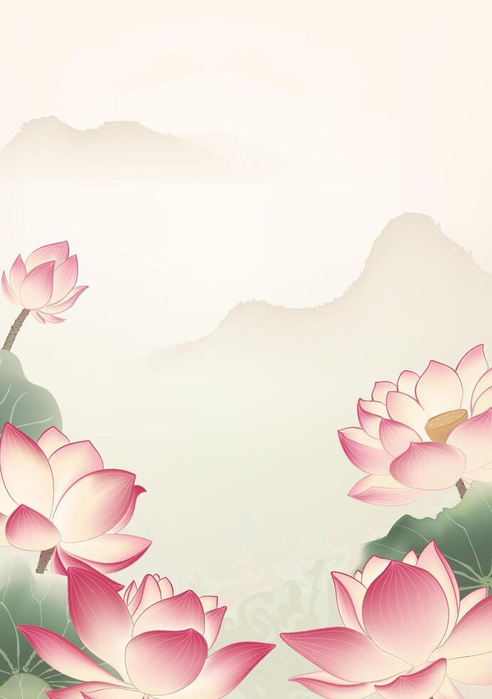 Chinese style vertical plate illustrations of lotus and ink landscape vector