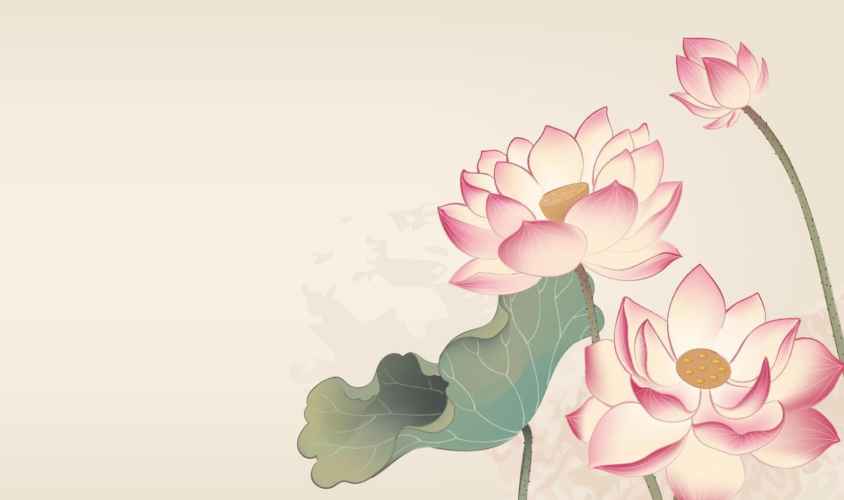 Chinese style horizontal plate illustration design hand-painted style lotus vector