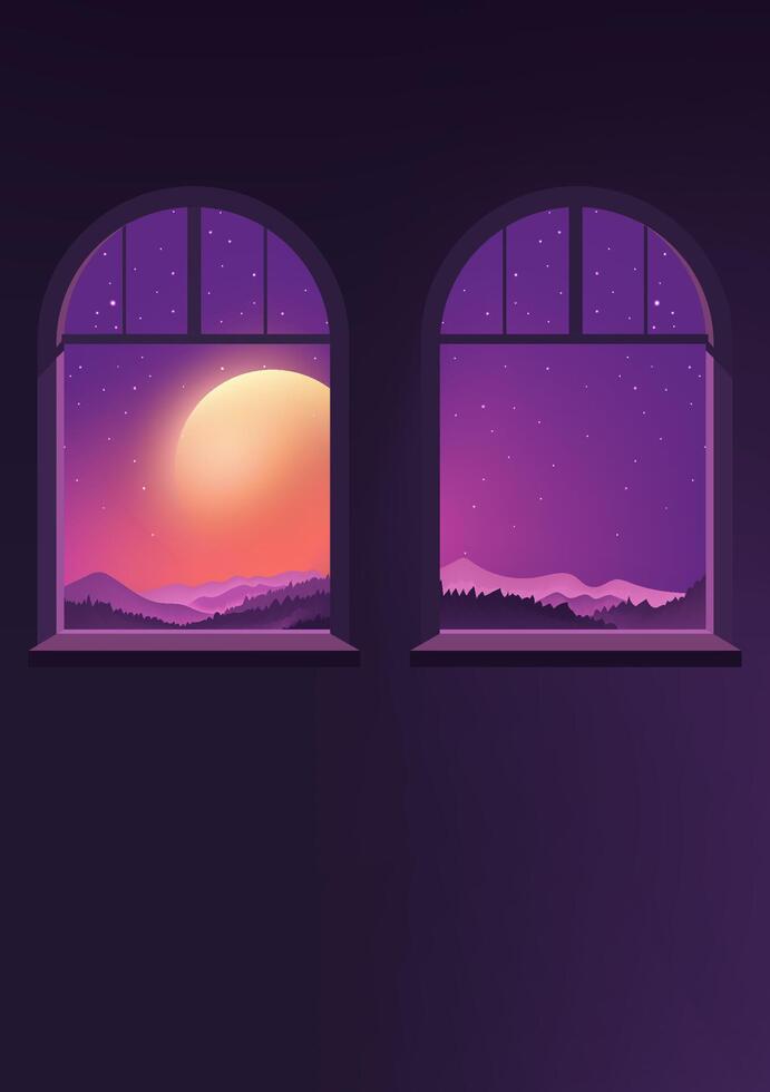 Night view vertical version illustrations moonlight outside the window with the scenery vector