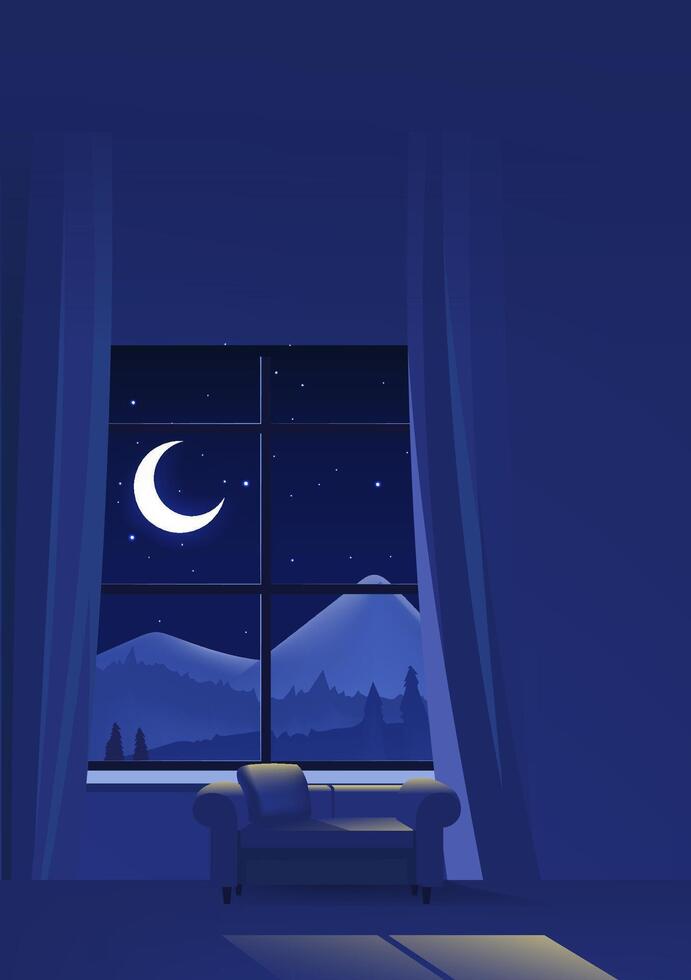Night vertical illustration interior scene with night scene outside window vector