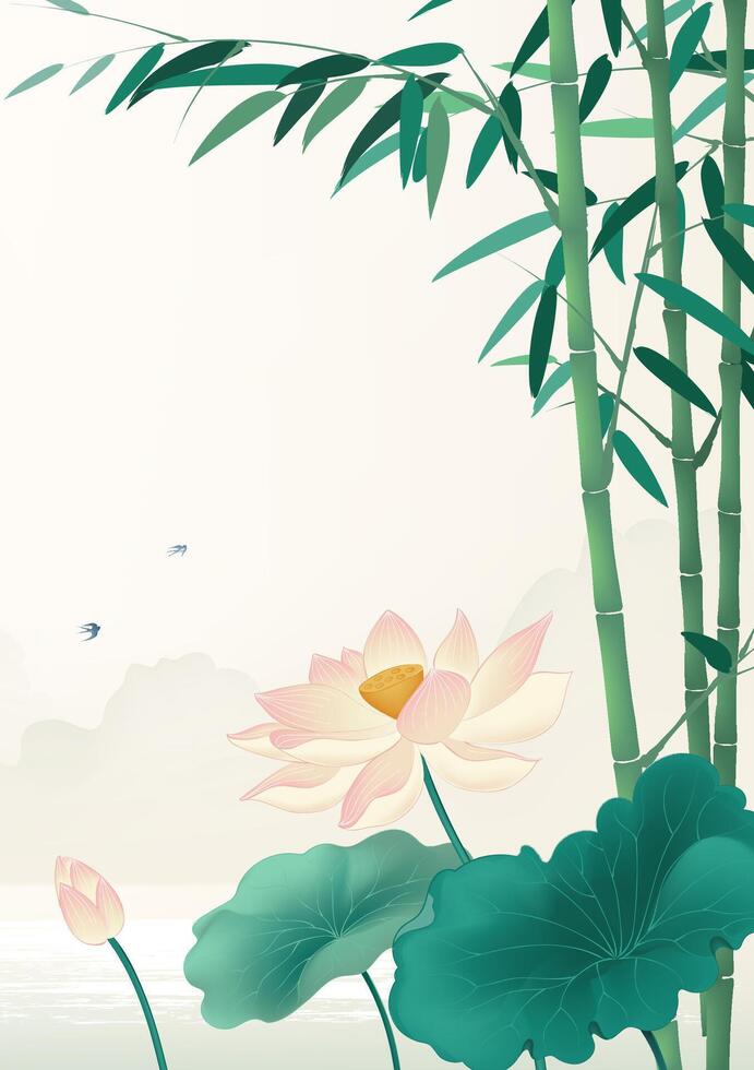 Chinese style vertical illustrations design lotus and bamboo vector