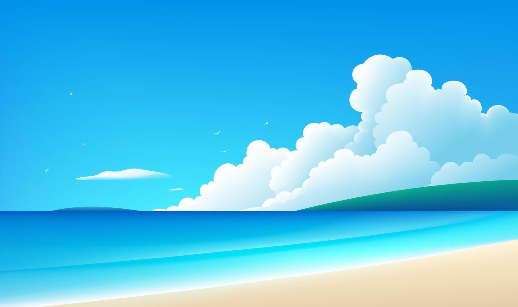Simple style horizontal plate landscape illustration beach and blue sky with white clouds vector