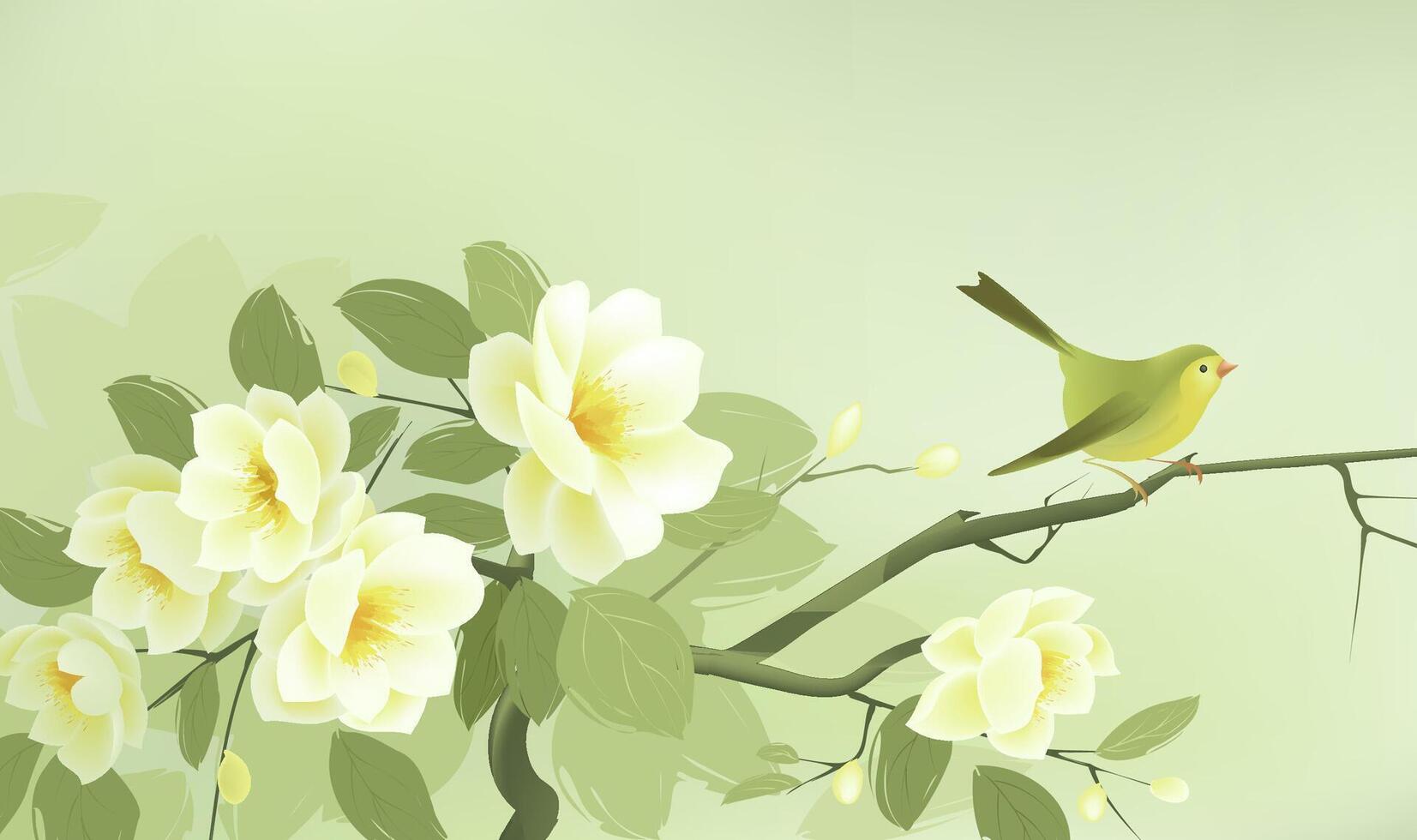 Spring horizontal illustrations design yellow-green flowers and birds vector