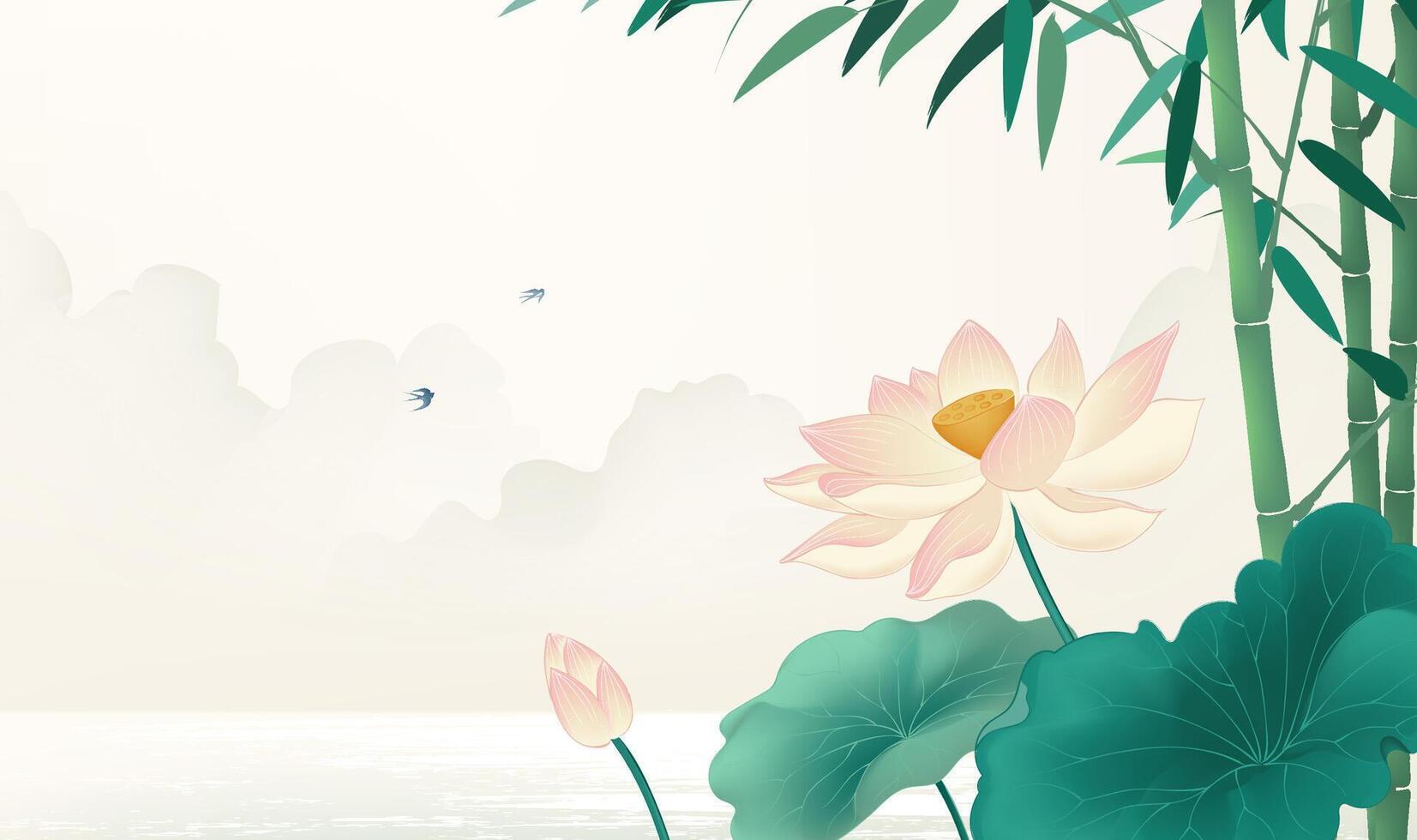 Chinese style horizontal illustrations design lotus and bamboo vector