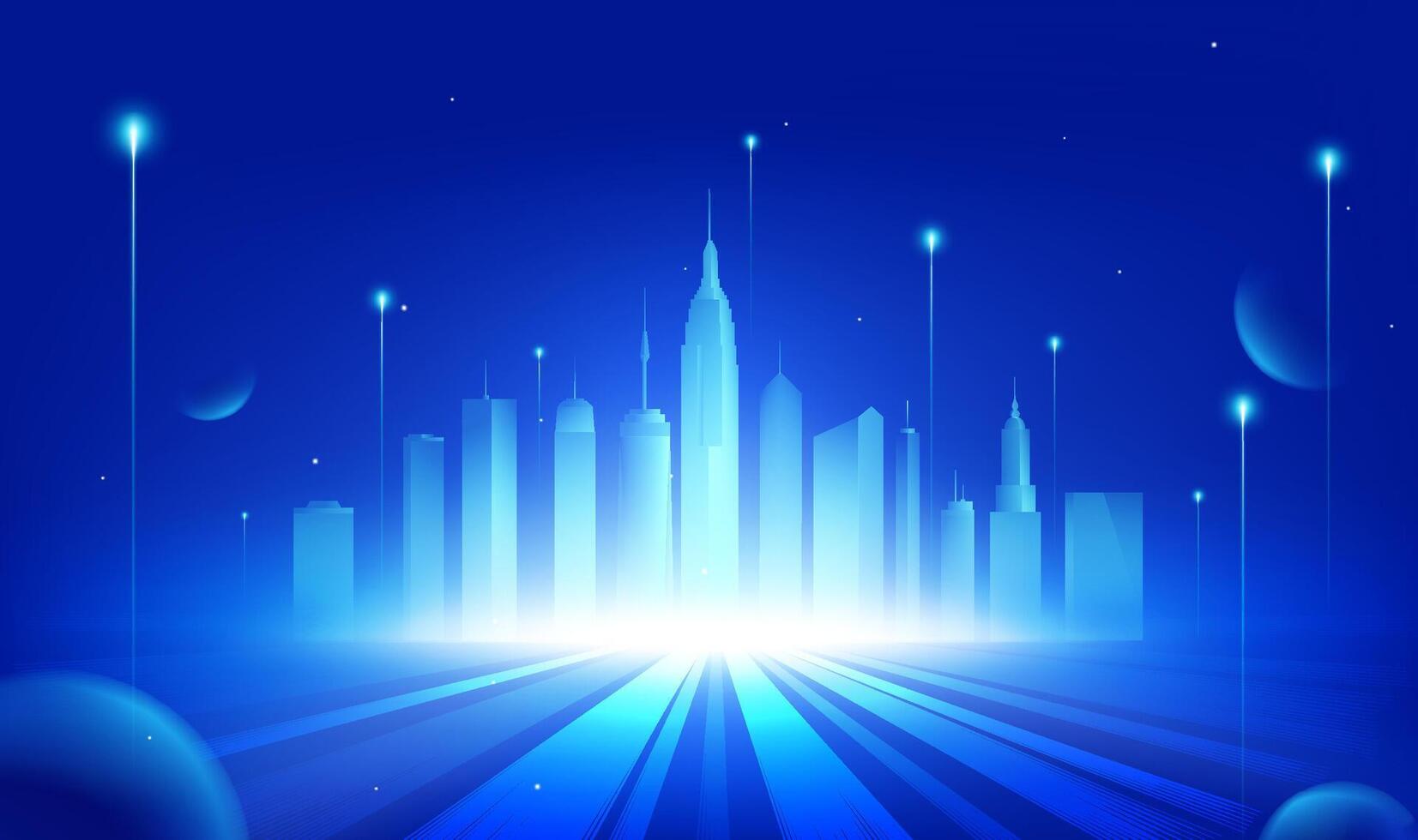 Techno horizontal illustrations of planets and cities silhouetted vector