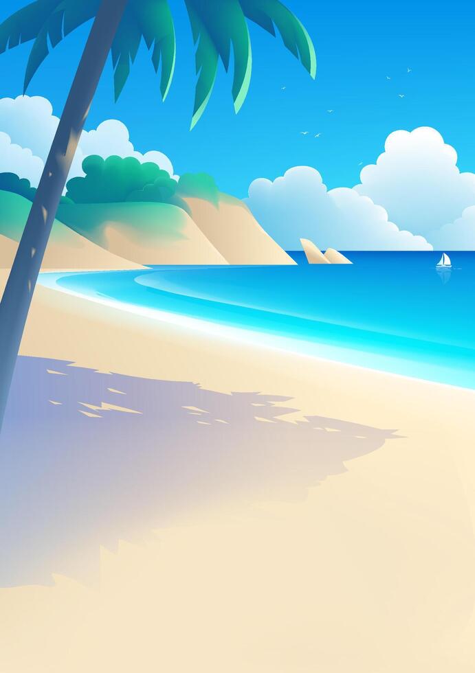 Simple style vertical landscape illustration coconut beach with sea vector