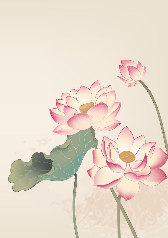 Chinese style vertical plate illustration design hand-painted style lotus vector
