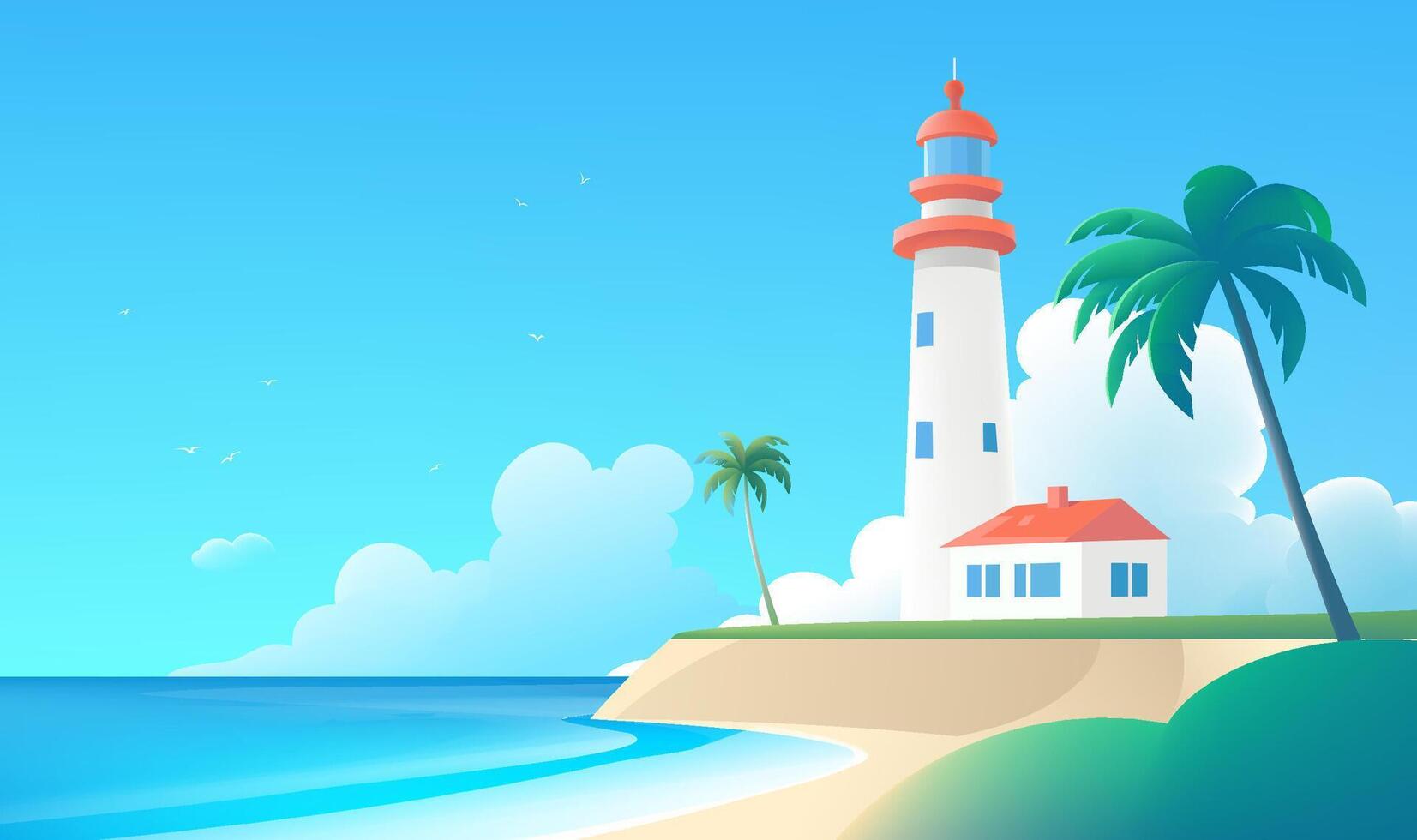 Simple style horizontal landscape illustration of seaside lighthouse vector