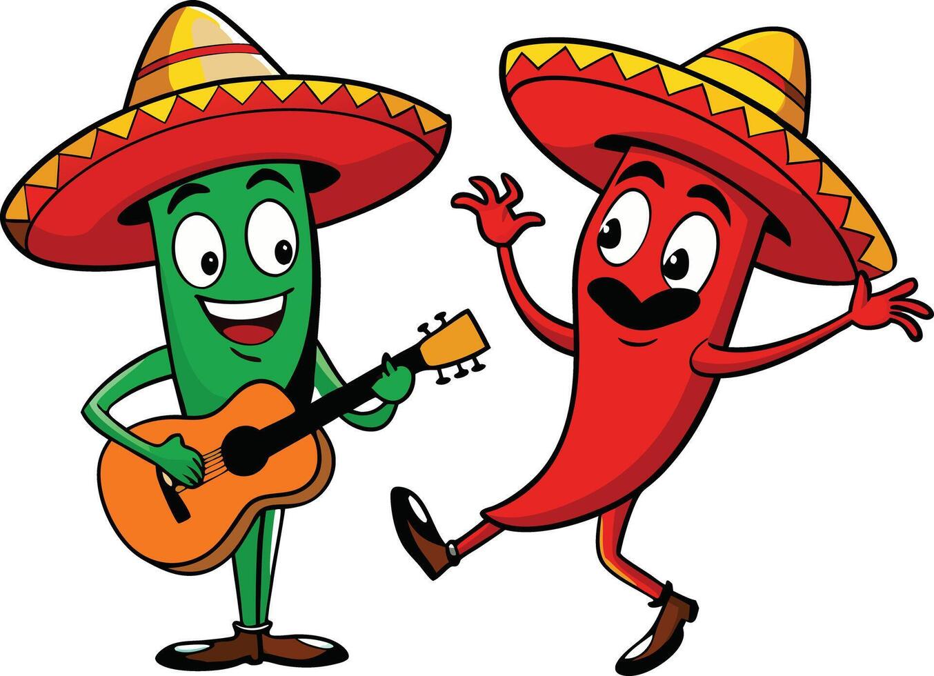 Two happy chili peppers playing guitar and dancing with sombreros vector