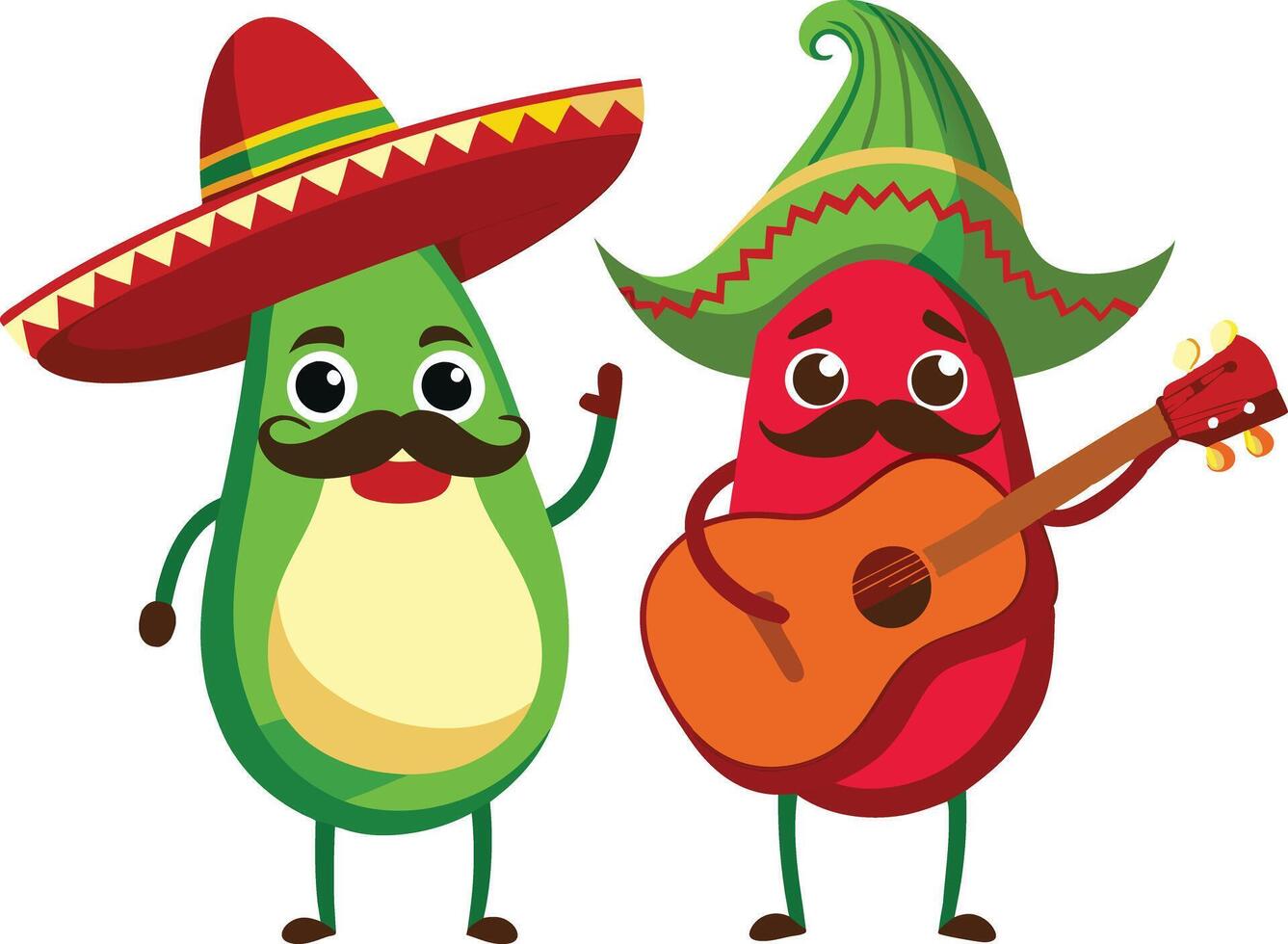 Avocado and red pepper wearing sombreros, playing guitar vector