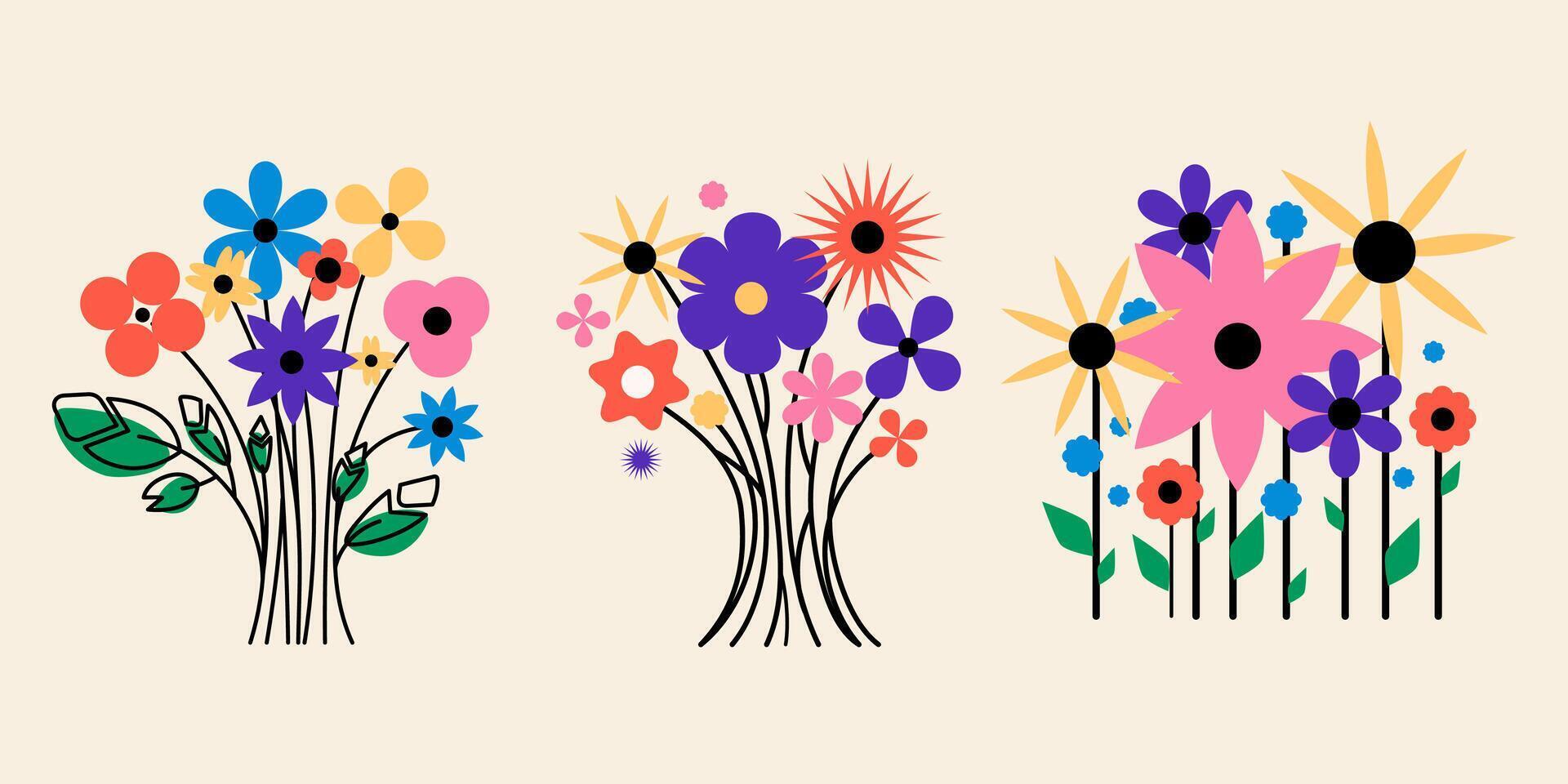 Abstract retro floral composition set with vibrant bouquets with colorful flowers and leaves, perfect for prints, greeting cards, posters, packaging, textiles, and digital designs. illustration vector
