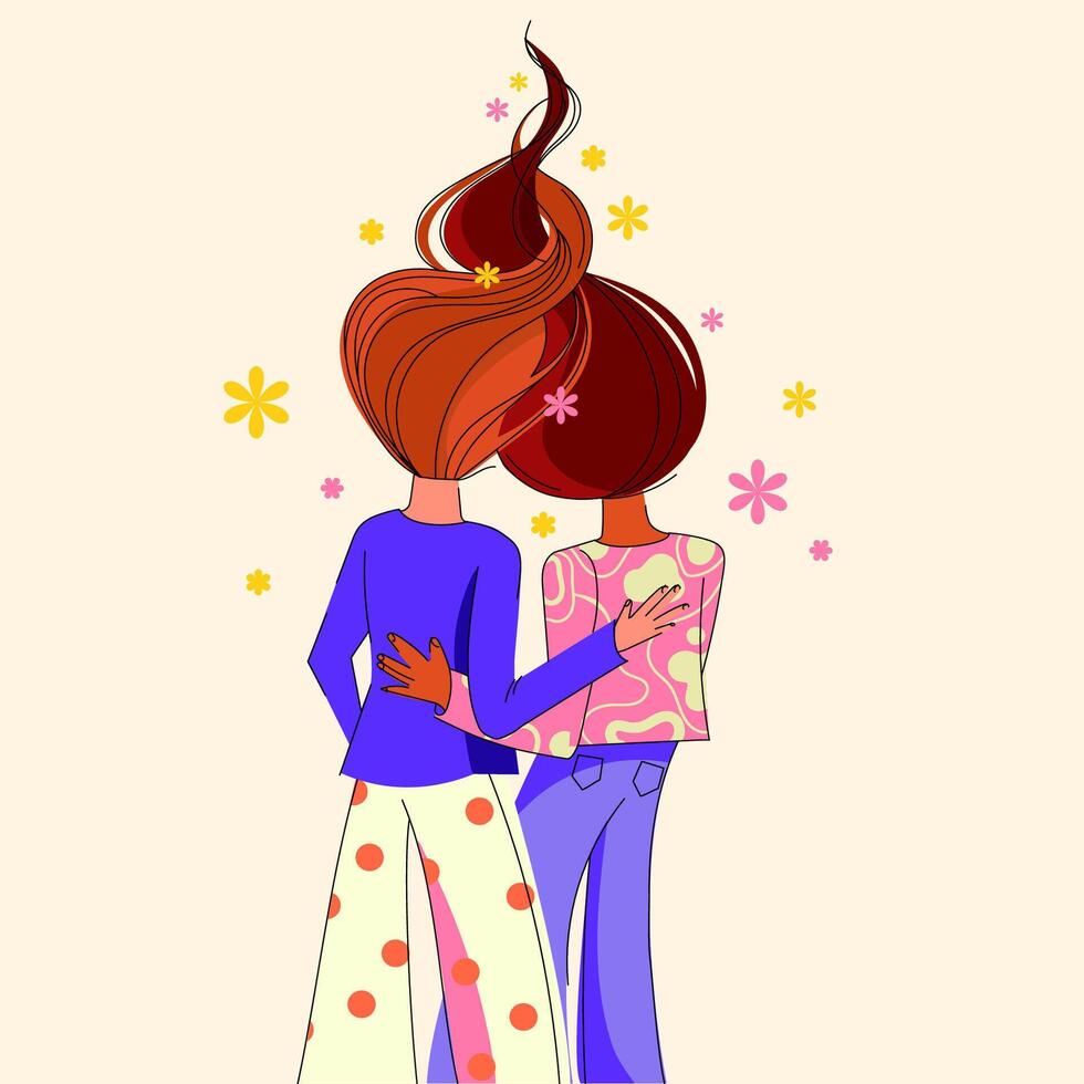 Two women embracing, symbolizing friendship, love, and unity, with their hair artistically intertwined illustration. Ideal for themes of support, relationships, feminism, emotional connection vector