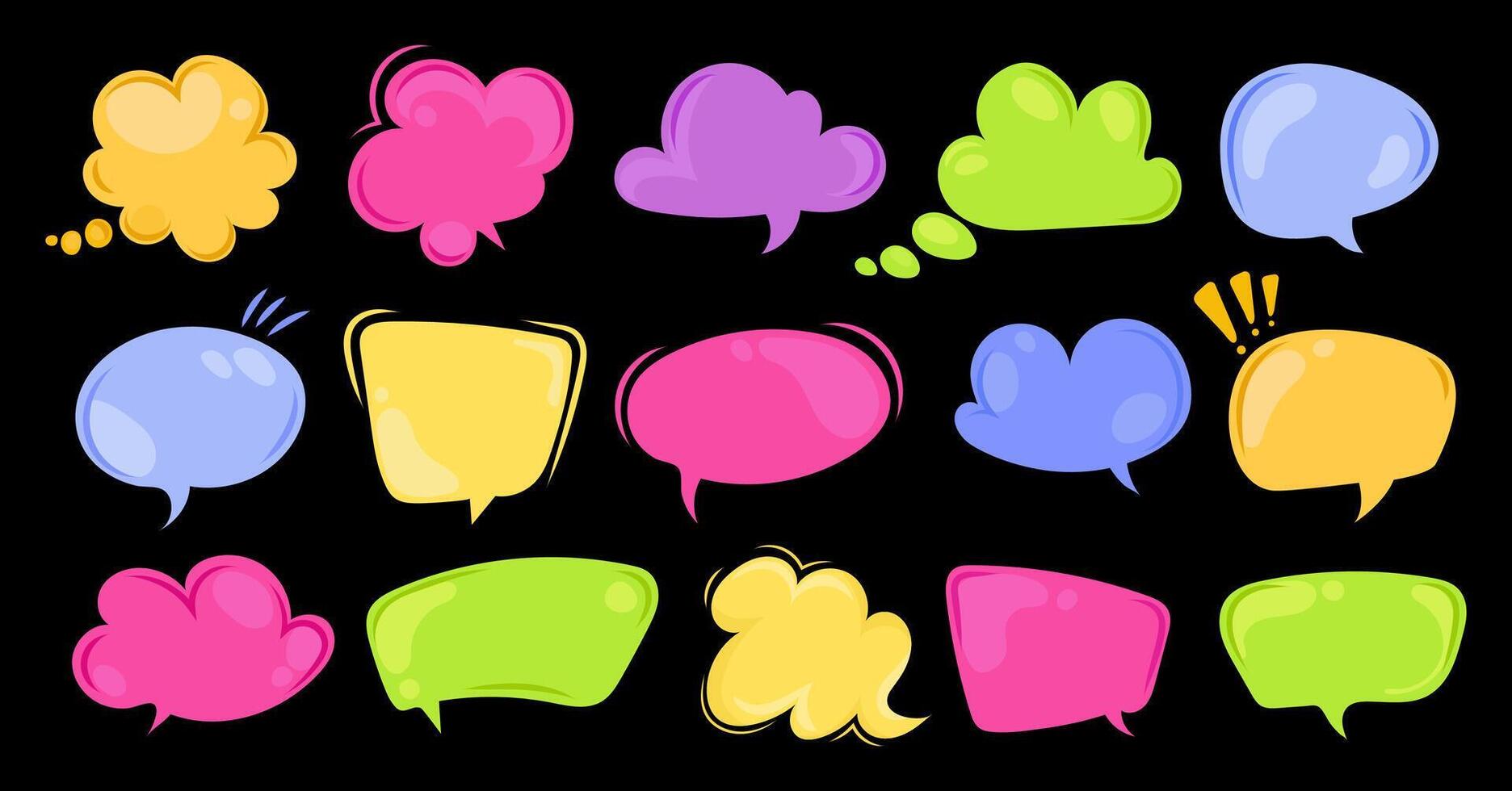 Colorful cartoon speech bubbles set. Hand drawn speech and thought bubbles in a comic style. Ideal for comic strips, graphic design, messaging apps, and creative storytelling. illustration vector