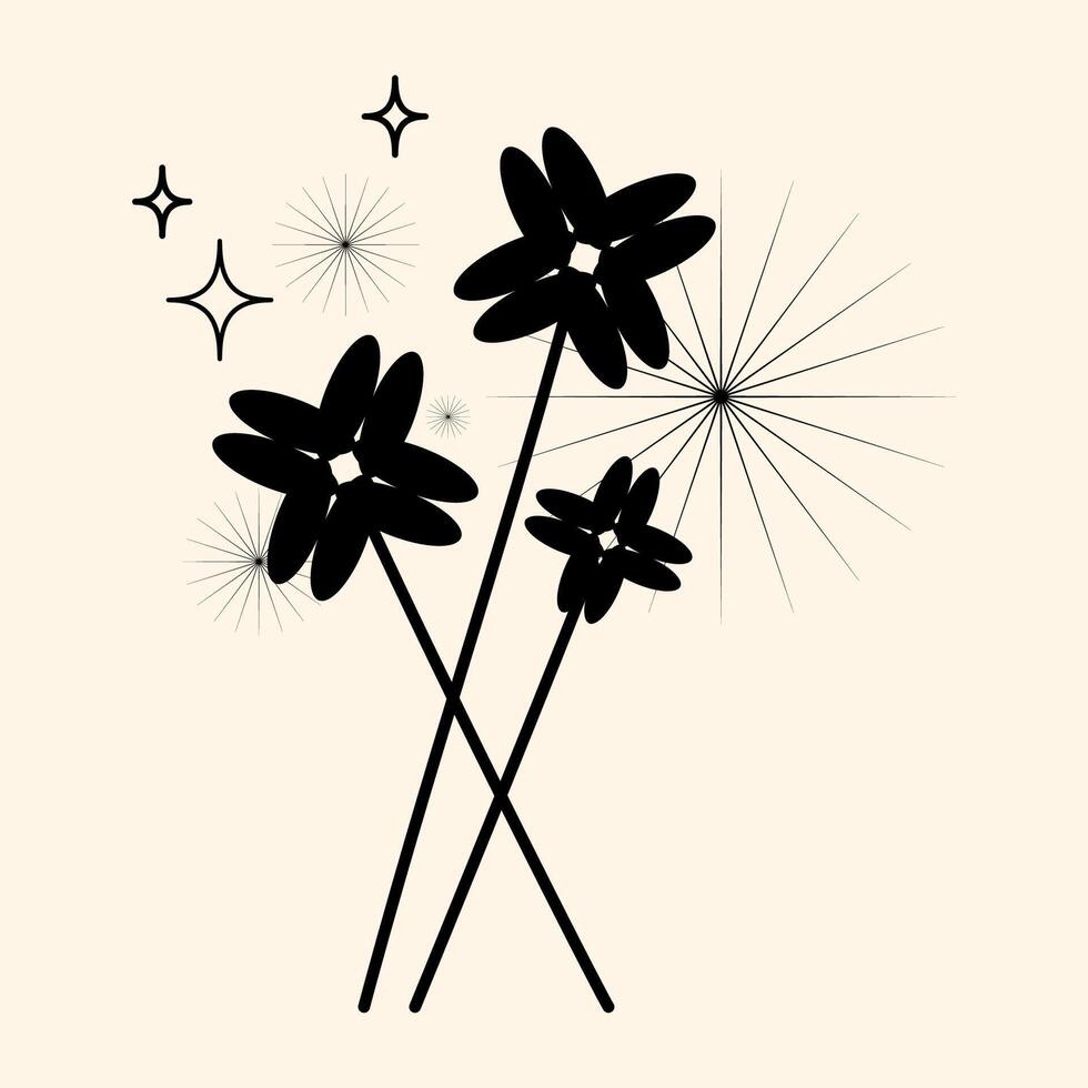 Minimalist illustration of black silhouette flowers with sparkling starburst accents in retro style on a beige background. A modern elegant botanical design with abstract decorative elements. vector