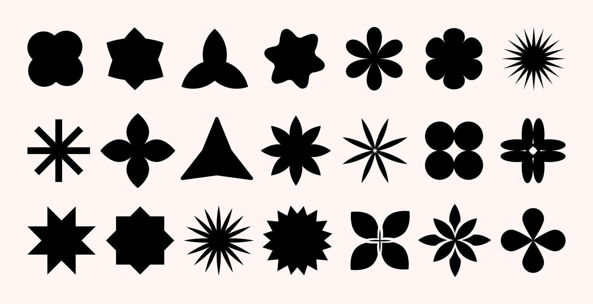 Abstract Brutalist geometric shape silhouettes set, with flowers and stars and other bold shapes.Retro Modern minimalist basic figures. Retro Aesthetics icons, symbols. illustration vector