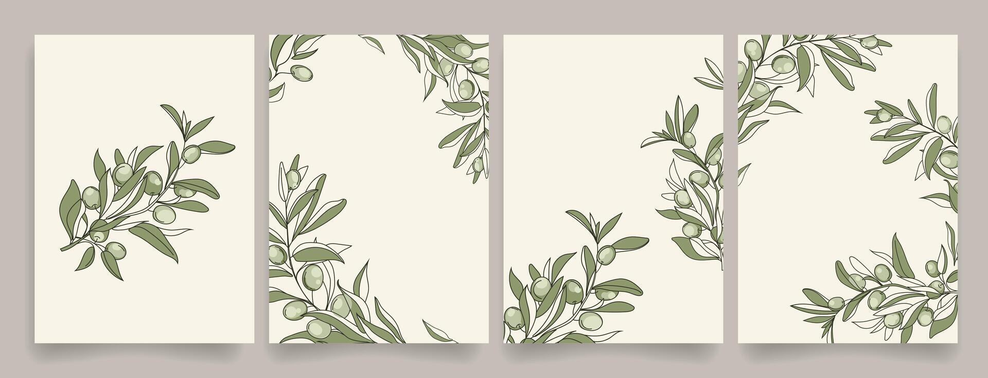 Elegant botanical posters with hand drawn olive branches with olives on soft neutral backgrounds. Minimalist and nature, invitations, greeting cards, stationery, prints, and packaging design. vector
