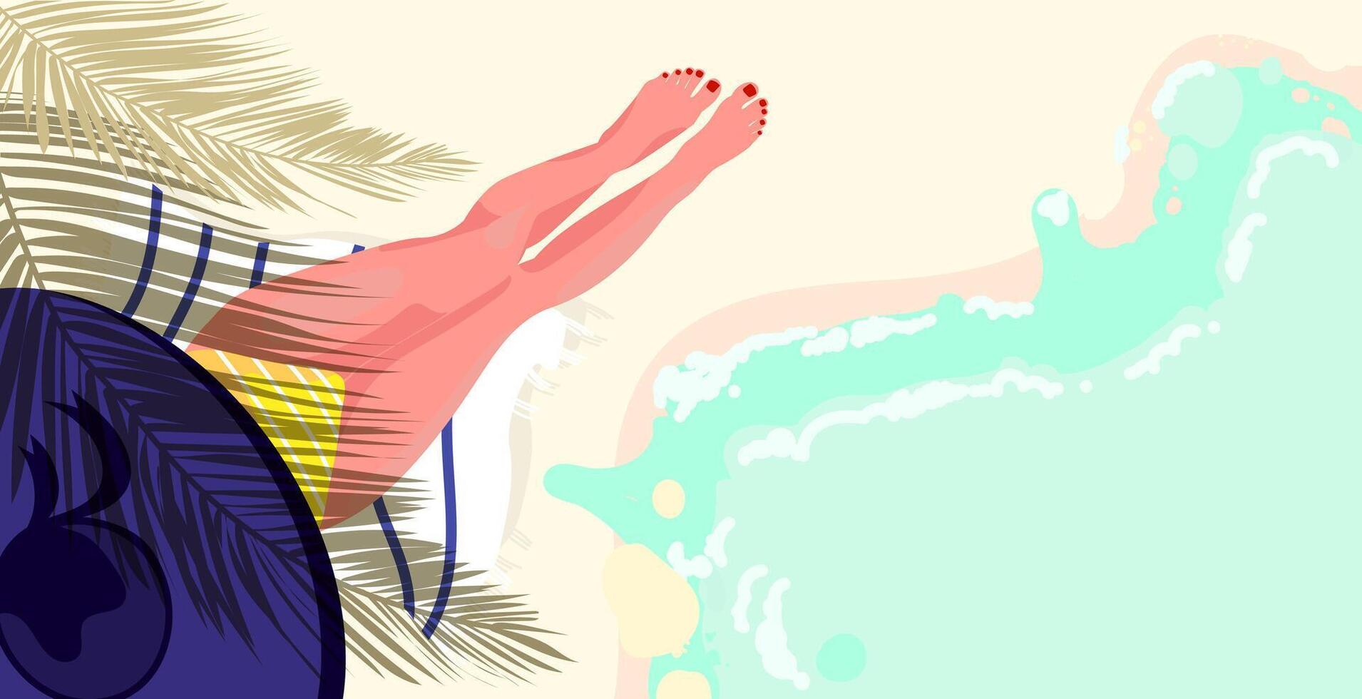 Relaxing beach vacation illustration with woman lounging with ocean waves nearby, relaxing tropical vacation mood. Perfect for summer travel designs, holiday promotions, and lifestyle content. vector