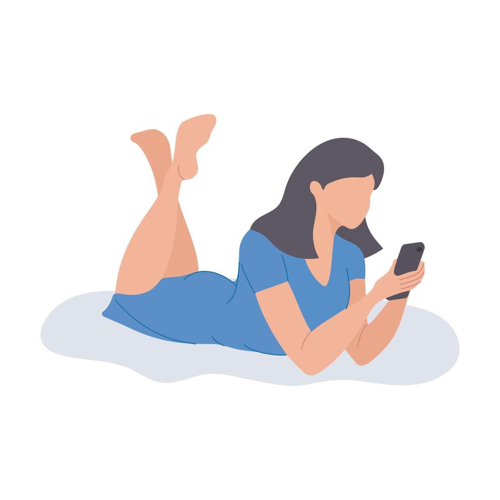 An ordinary young woman uses her smartphone while lying down. Online shopping, communication, studying. Illustration in flat style. vector