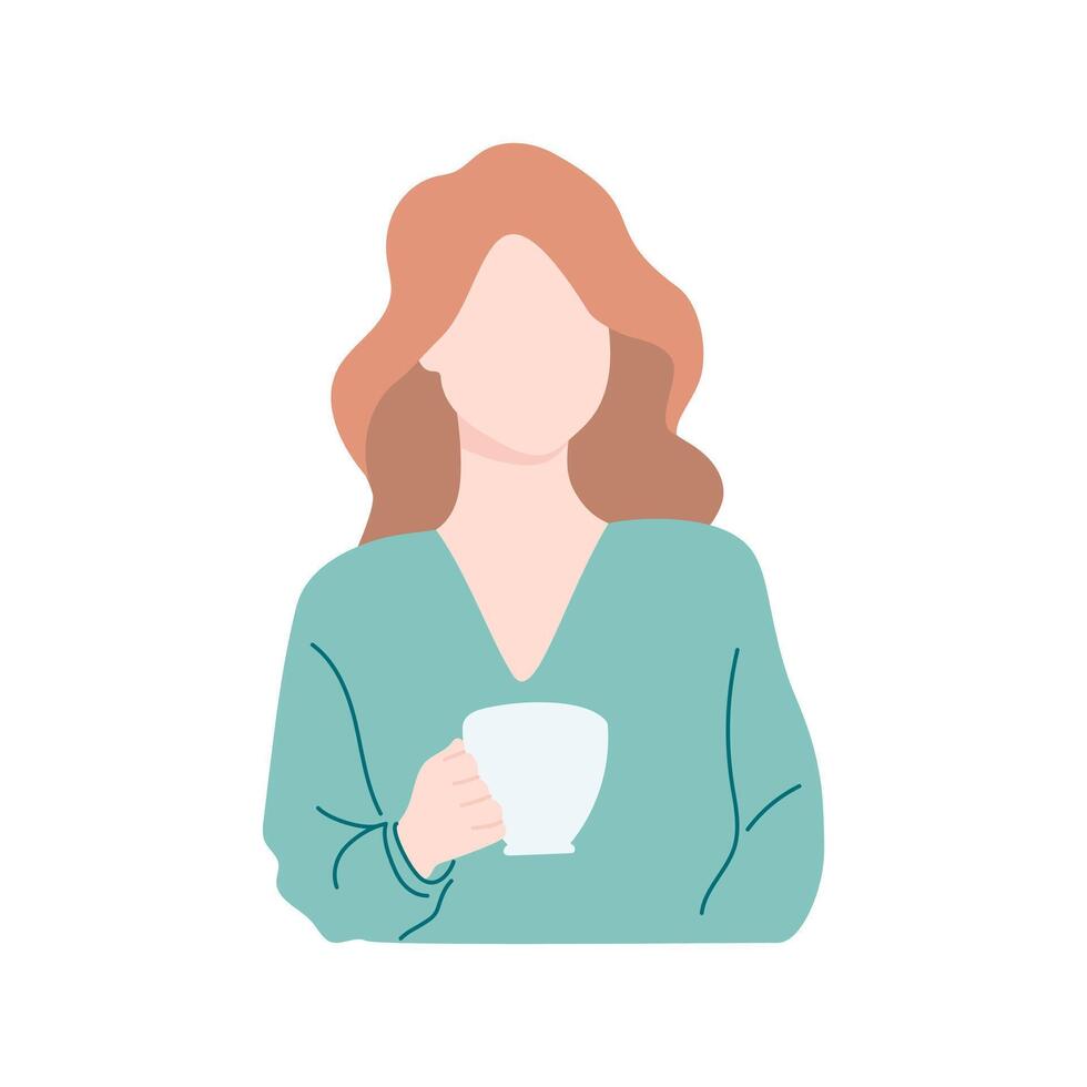 Brown-haired girl with a cup. Illustration of a girl with long hair holding a cup of coffee or tea, isolated on a white background. Flat style. vector