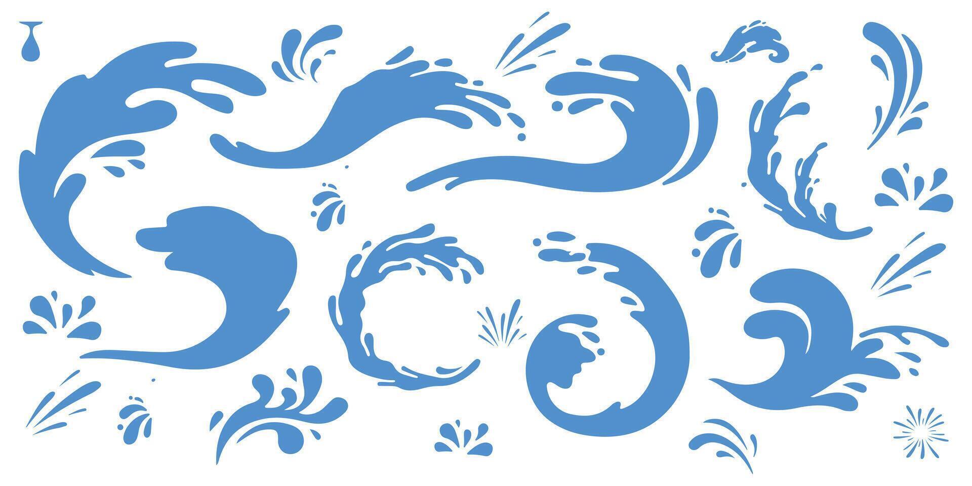 Water crown splashes and wave swirl with drops. transparent blue liquid splashing fluids with droplets, isolated realistic 3d elements, fresh drink, clear aqua falling or pour with air bubbles vector