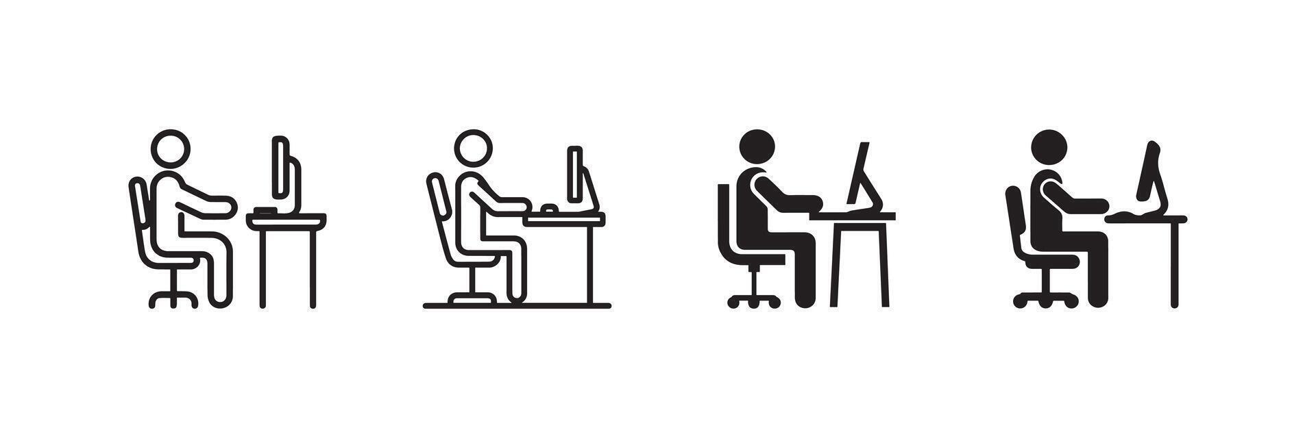 Office Workstation Icon Set Employee Working on Computer vector
