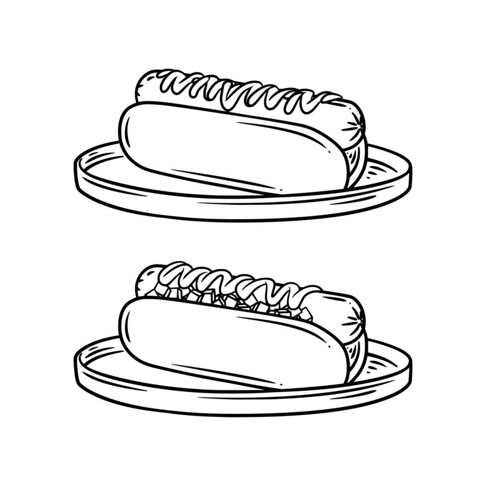 Line Art Hotdog with Sausage and Sauce Illustration vector