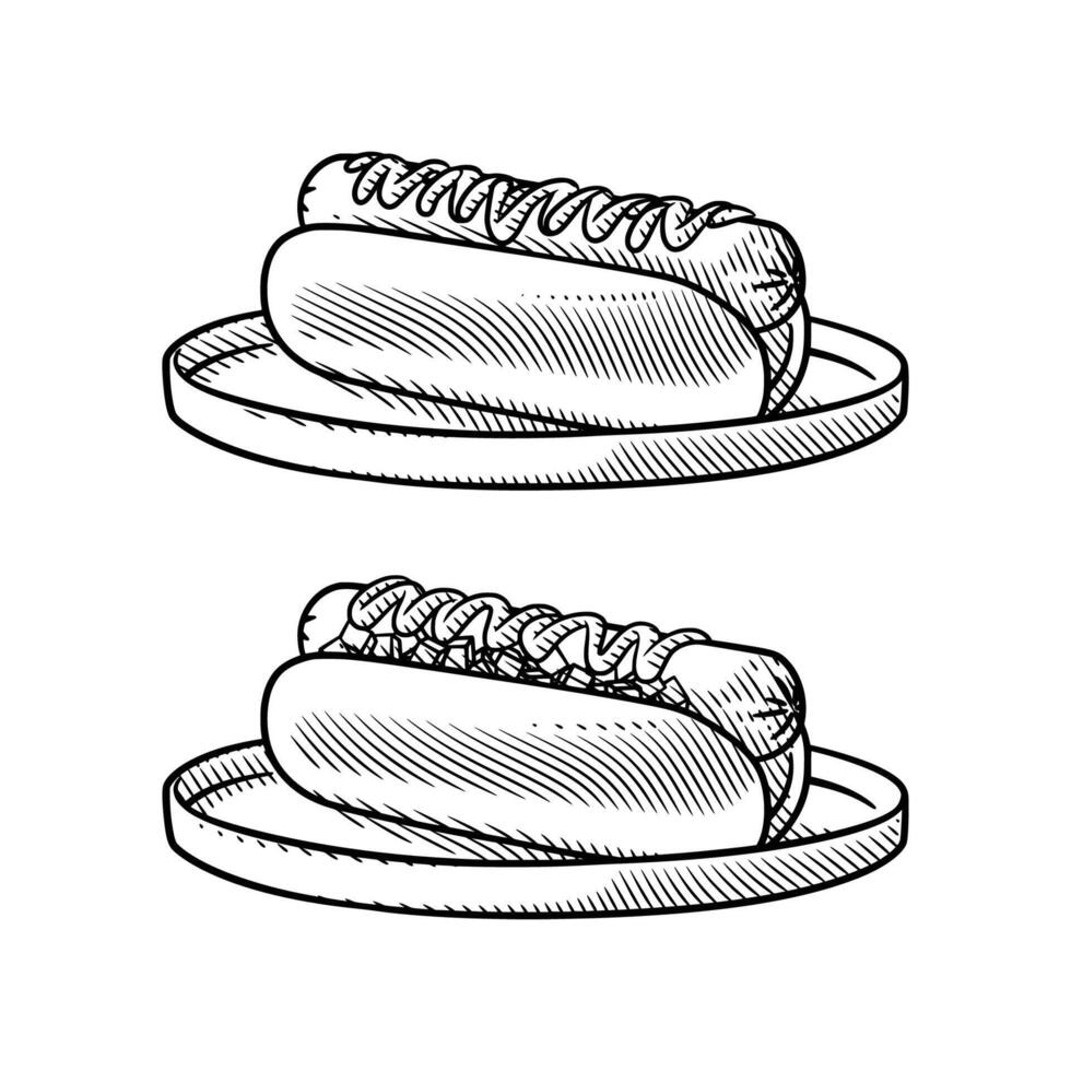 Engraving Style Line Art Hotdog with Sausage and Sauce vector