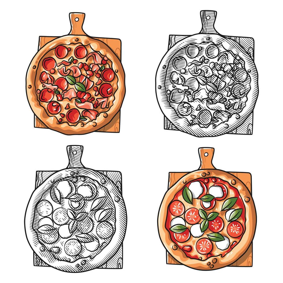 Pizza Perfection Engraving and Full Color Illustration vector