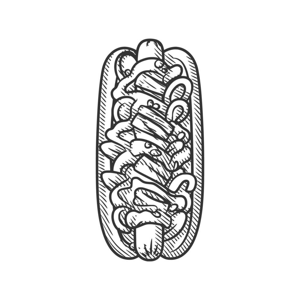 Detailed Engraving Style Hotdog with Sausage and Toppings Illustration vector