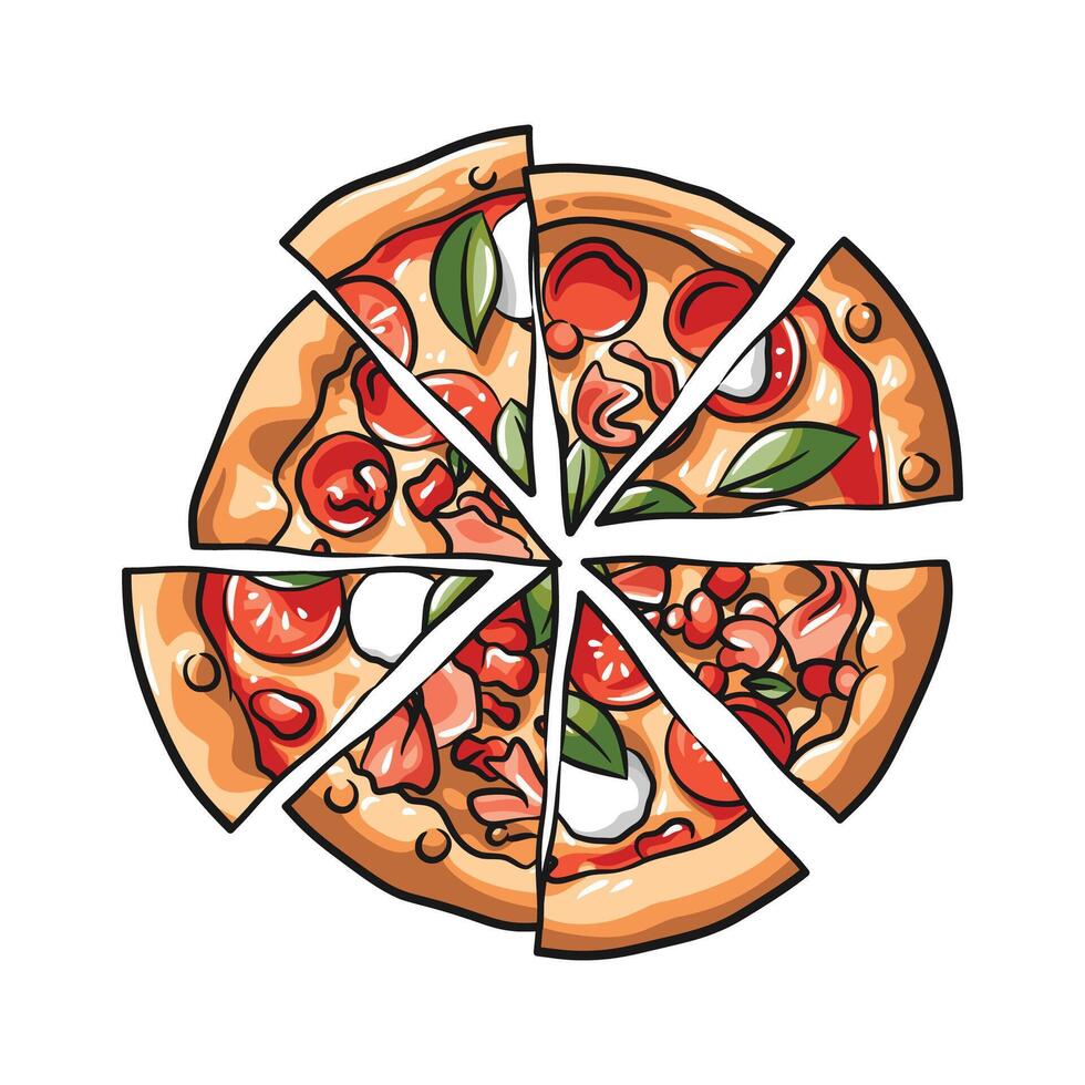 Artistic Sliced Pizza with Vibrant Toppings Illustration vector