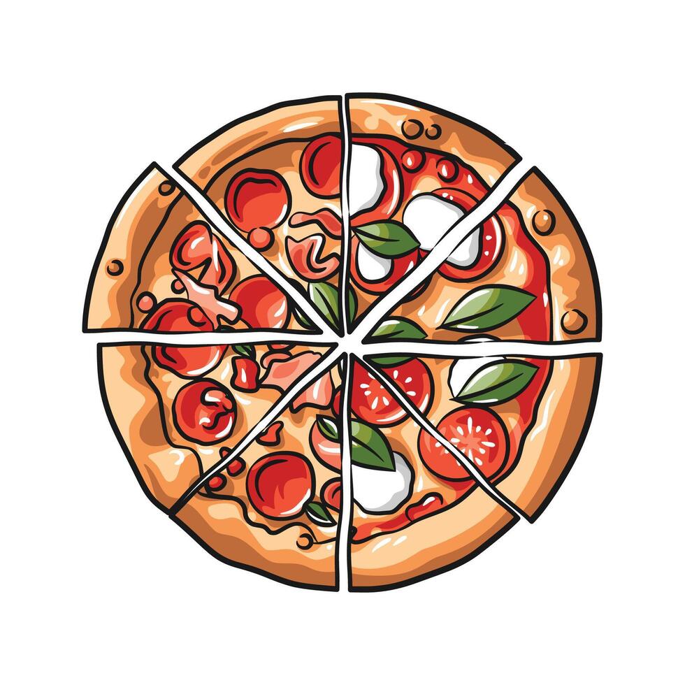 Colorful Sliced Pizza with Various Toppings Artwork vector