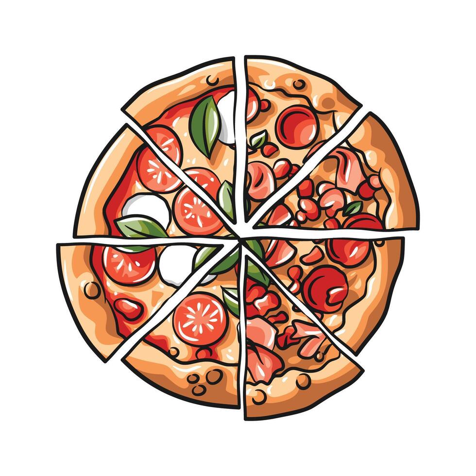 Colorful Sliced Pizza with Toppings Illustration vector