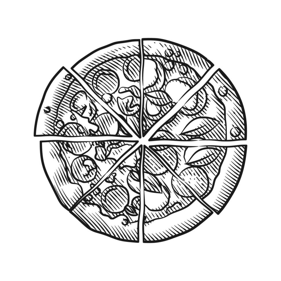 Engraving Style Sliced Pizza Illustration with Toppings in Line Art vector