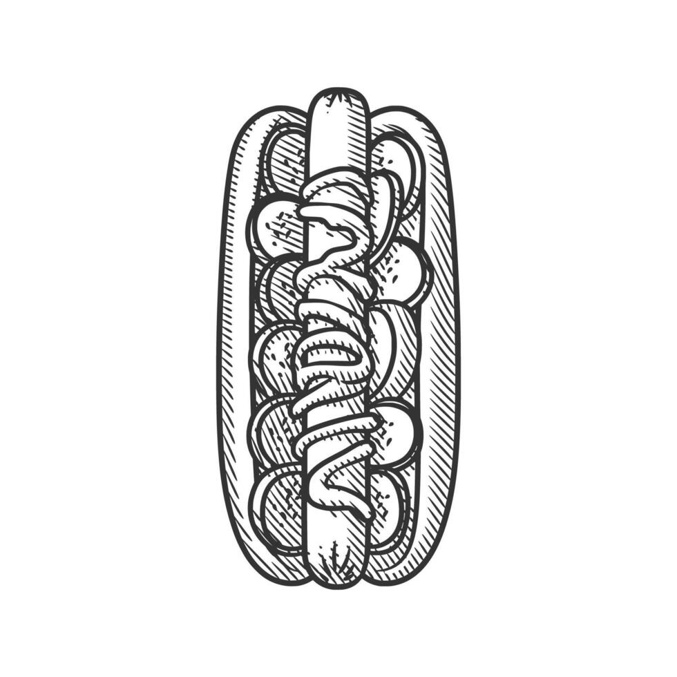 Classic Line Art Hotdog Featuring Sausage and Toppings vector