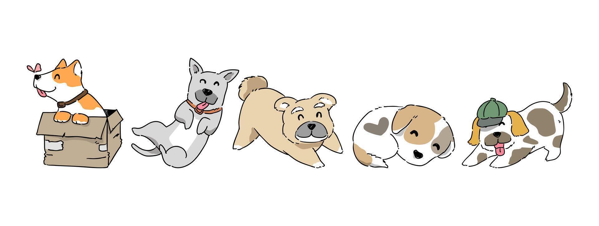 Cute puppy dog in various funny poses hand drawing set isolated on white illustration vector