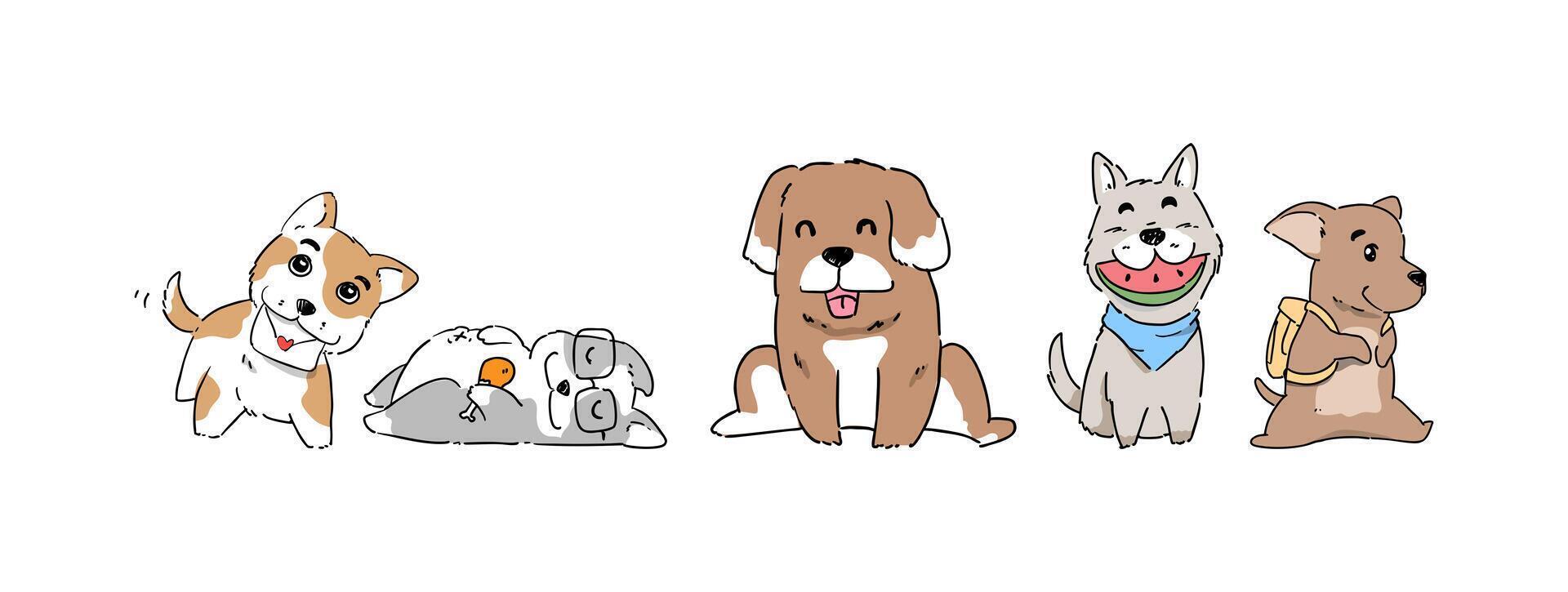 Cute puppy dog in various funny pose hand drawing collection isolated on white illustration vector