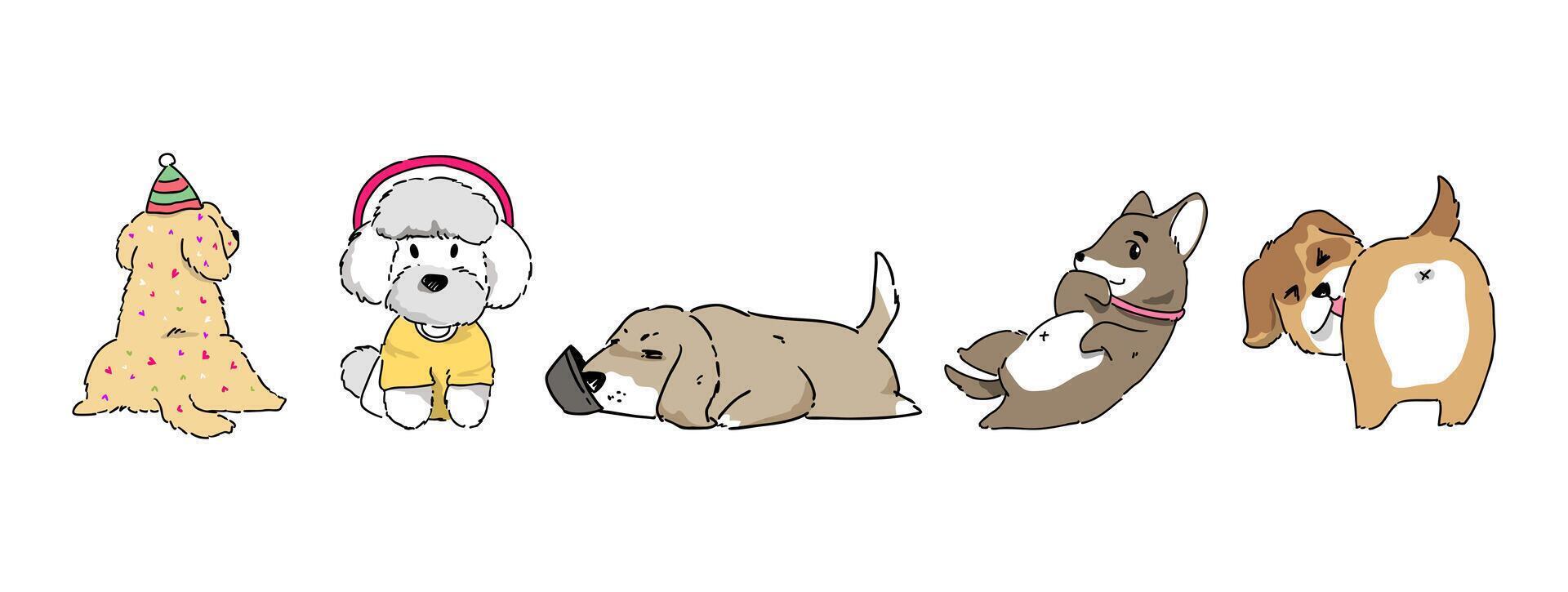 Set of cute puppy dog in various funny poses hand drawing collection isolated on white illustration vector