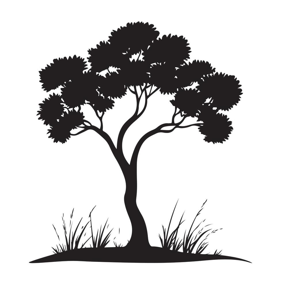 Silhouette of a tree with grass and leaves vector