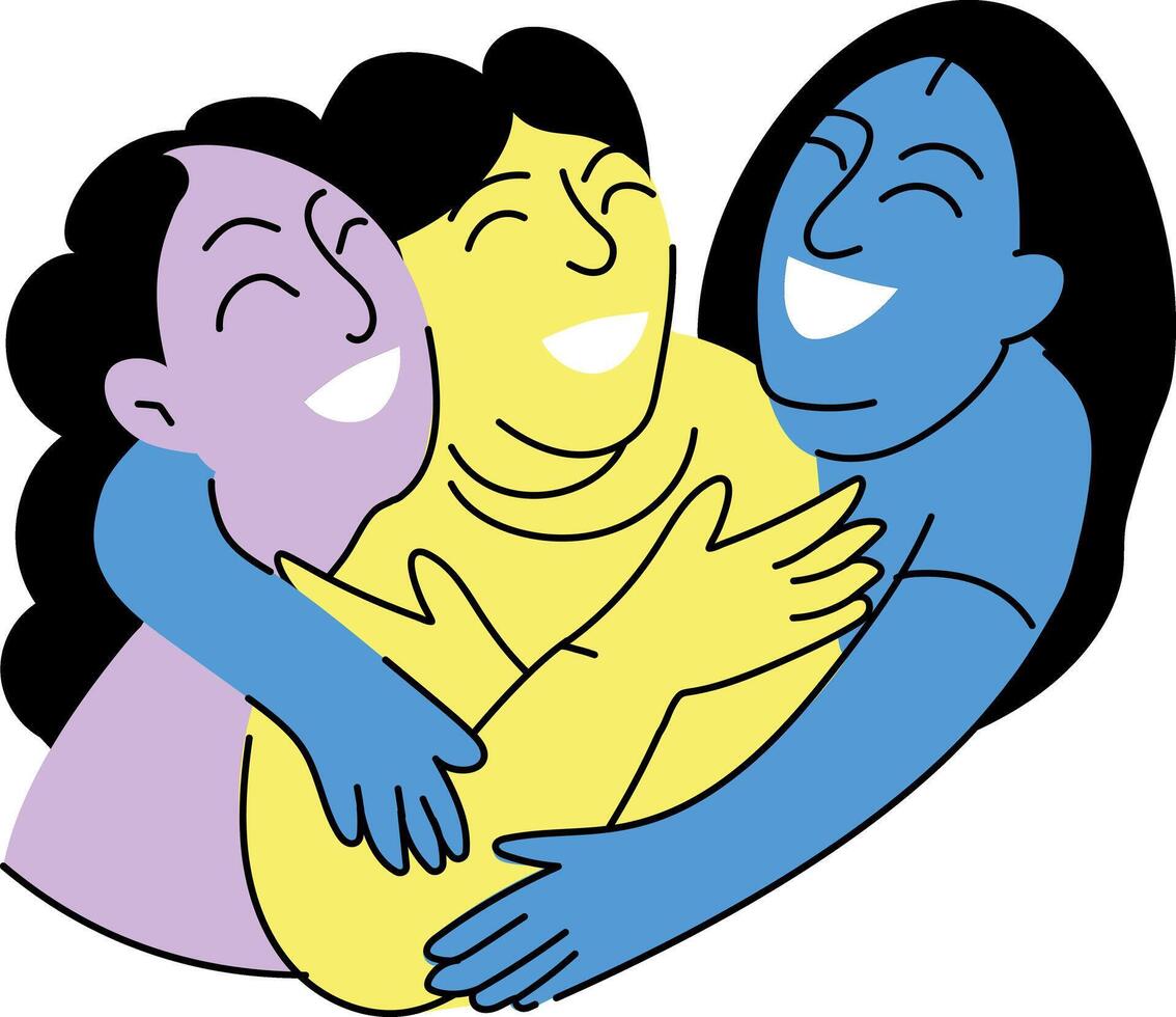 Hand drawn illustration of a group of friends hugging together vector