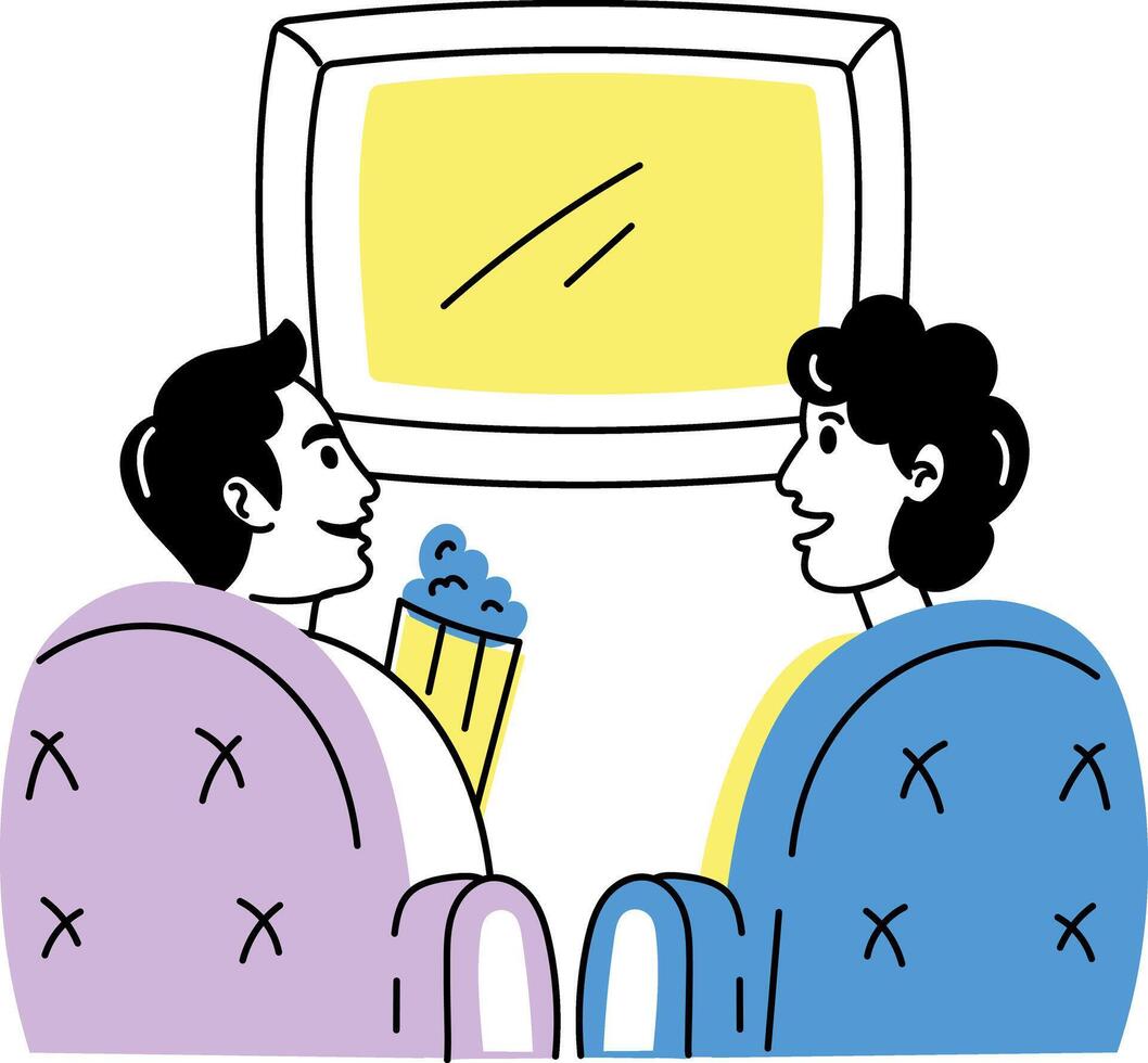 Two friends watching movie together, hand drawn illustration vector