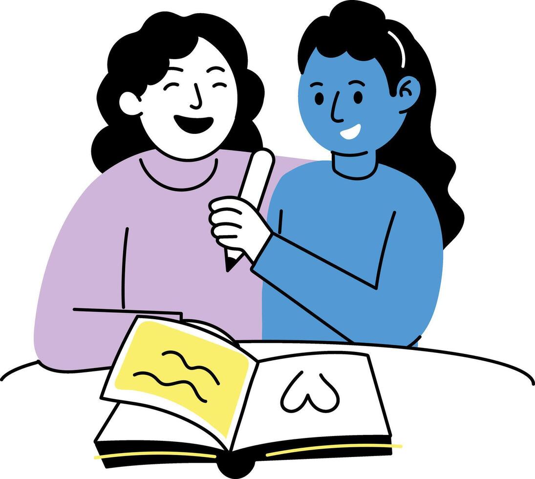 Hand drawn illustration depicting two friends study together vector