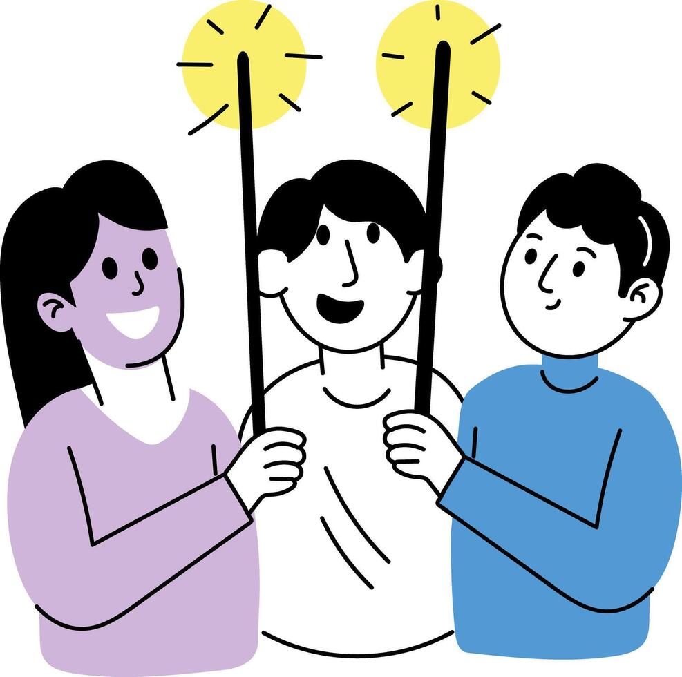 Hand drawn illustration of friends holding sparklers vector